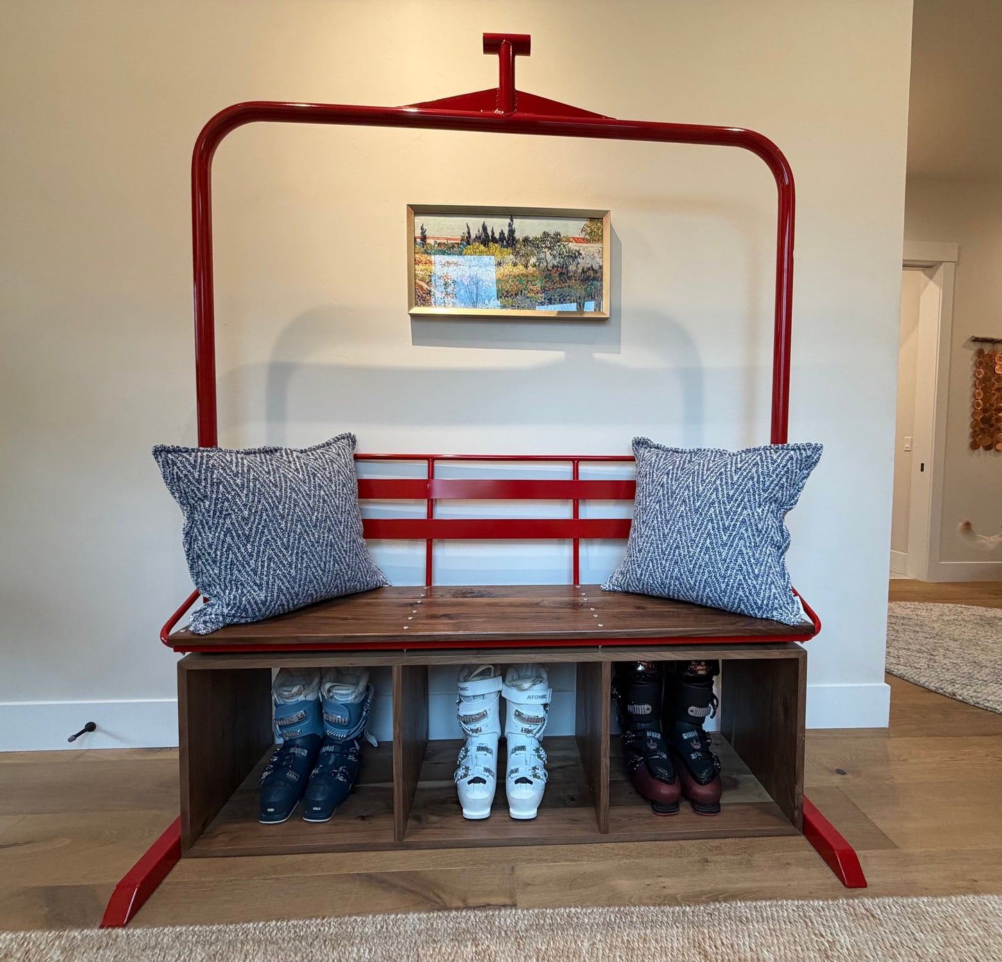 Ski Lift Chair - 3 Seater, Powder Coated Stoke & Embr Mini Stoves