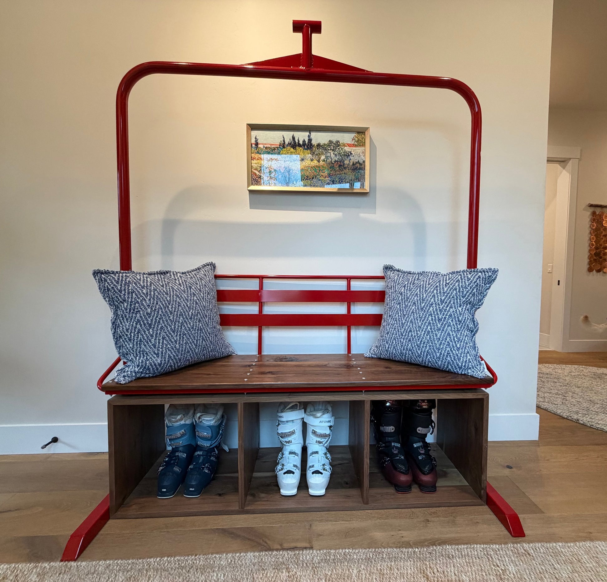 Ski Lift Chair - 3 Seater, Powder Coated Stoke & Embr Mini Stoves