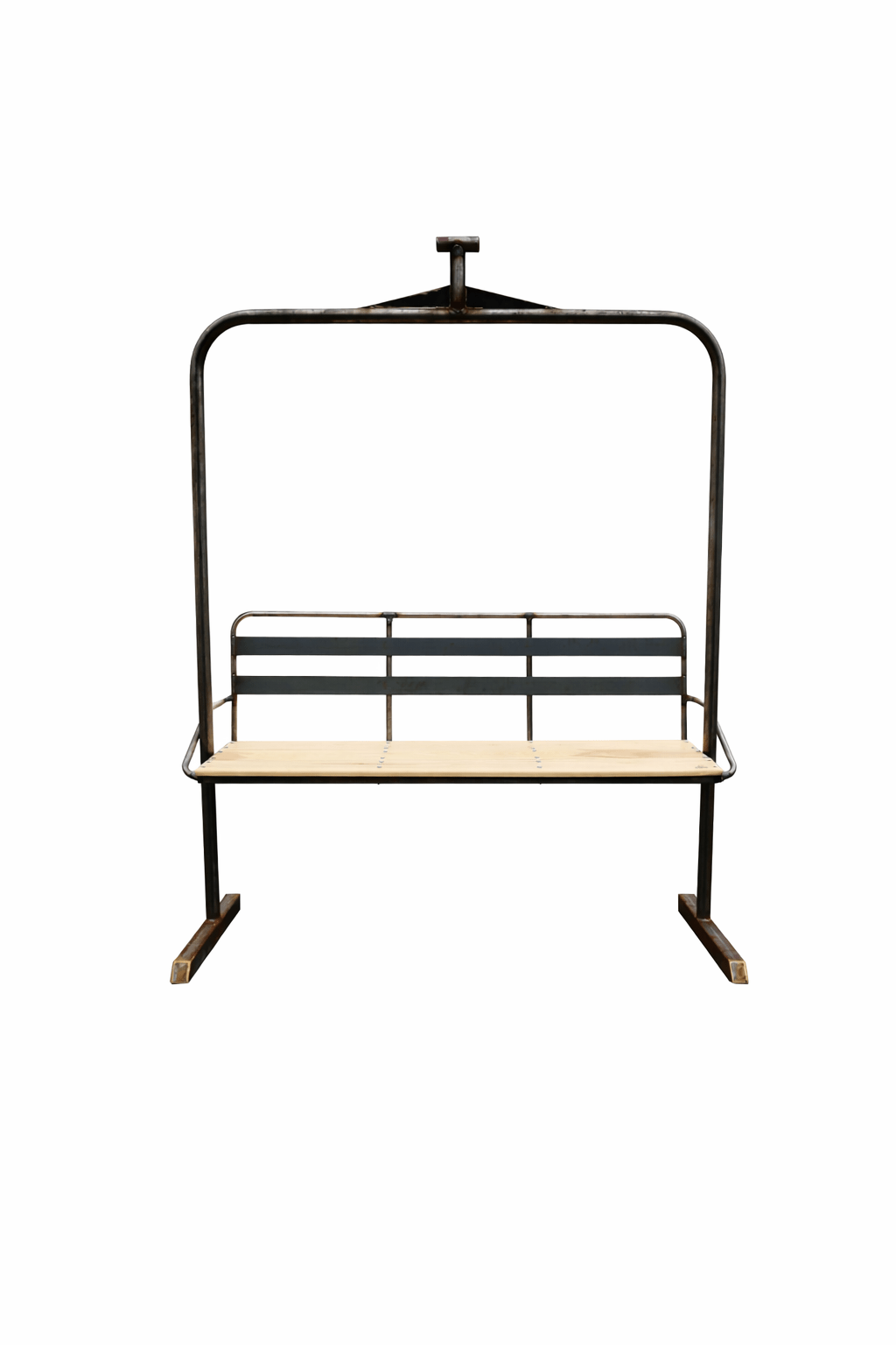Handmade ski lift chair bench furniture with steel frame and natural wood seat