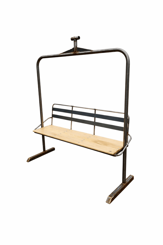 Custom ski chair bench by Alpenglow Ski Chair Co with metal frame and wood seat