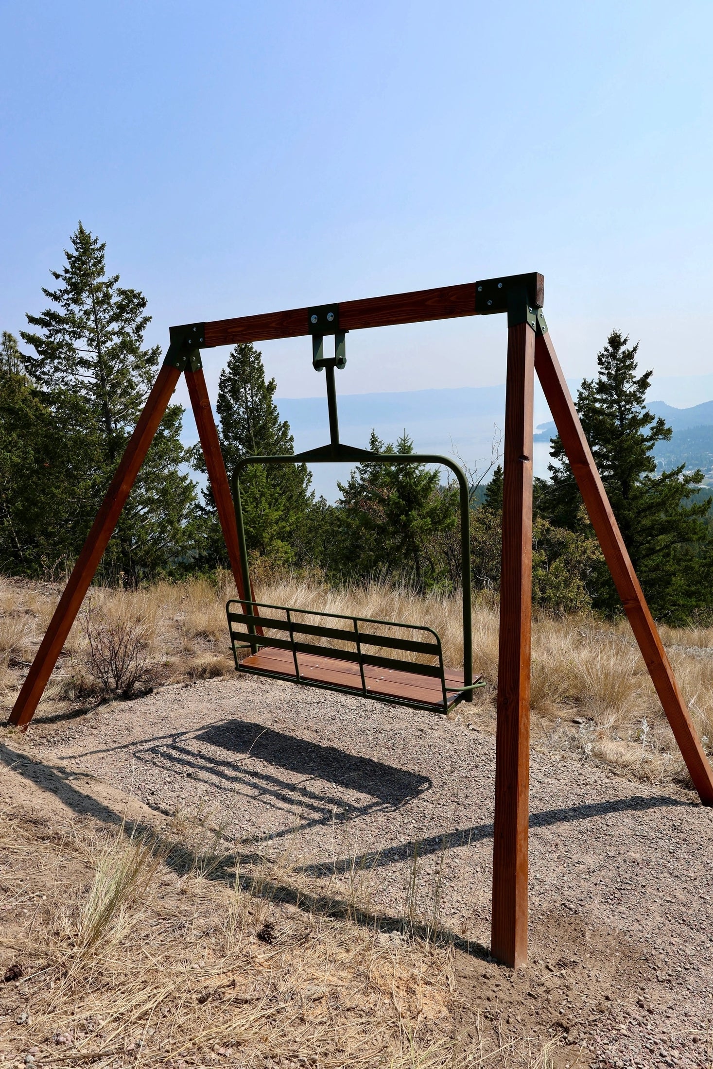 Hanging ski chairlift bench swing kit 3-seater outdoor furniture - Alpenglow Ski Chair Co.