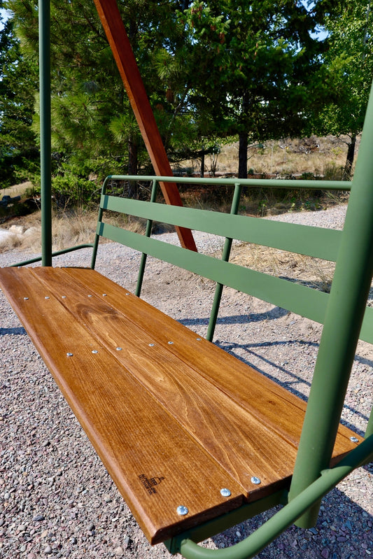 Hanging ski chairlift bench swing kit 3-seater outdoor furniture - Alpenglow Ski Chair Co.